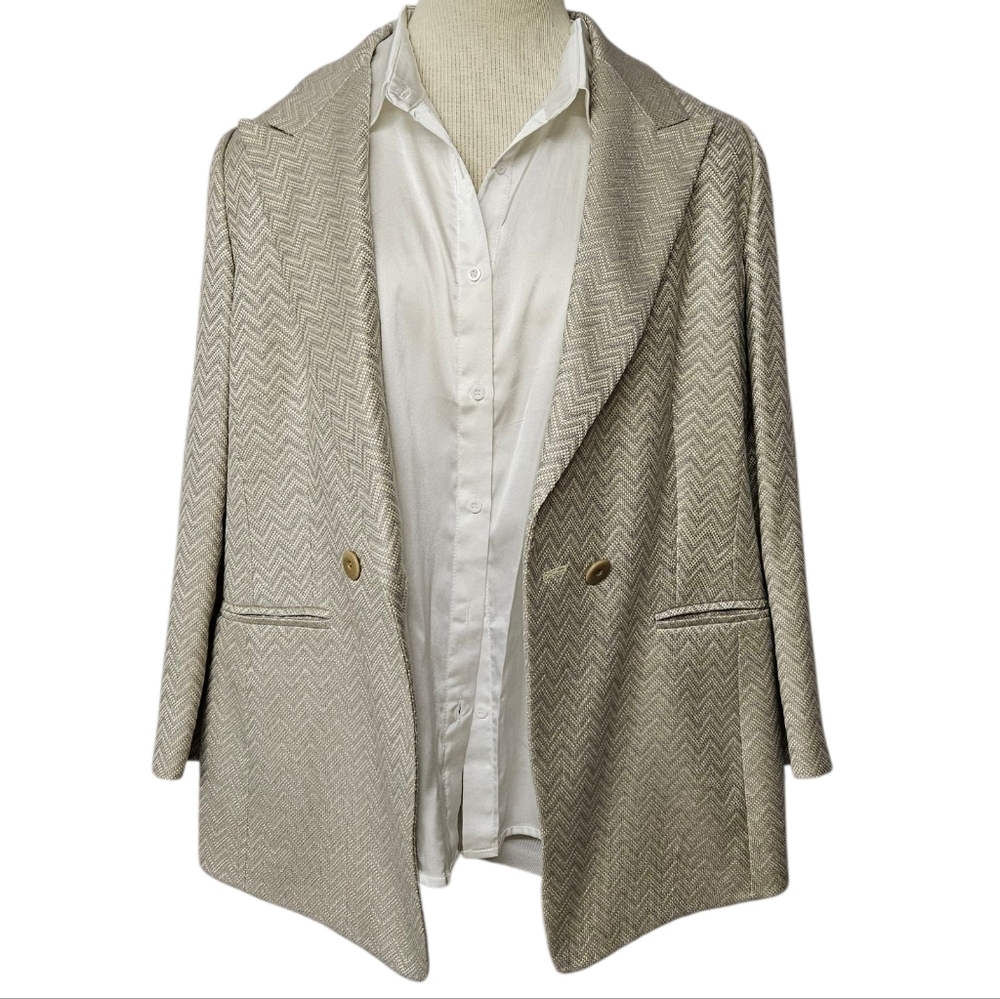Escada Margaretha Ley Silk And Wool Chevron Blazer In Beige And Blue Sz 42 NWT - Picture 3 of 10